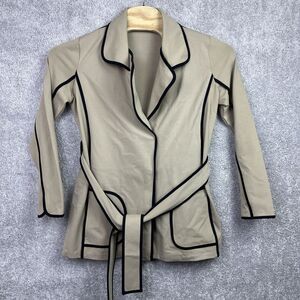 Neiman Marcus Women Beige Belted Wrap Coat Rayon Blend Coat‎ Size L Black Trim